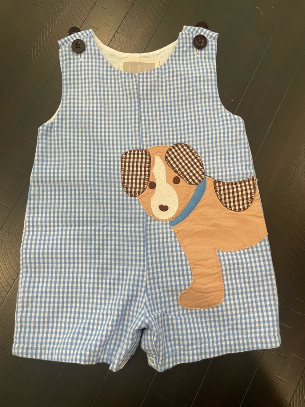 Light Blue Gingham Puppy Applique Baby One-Piece